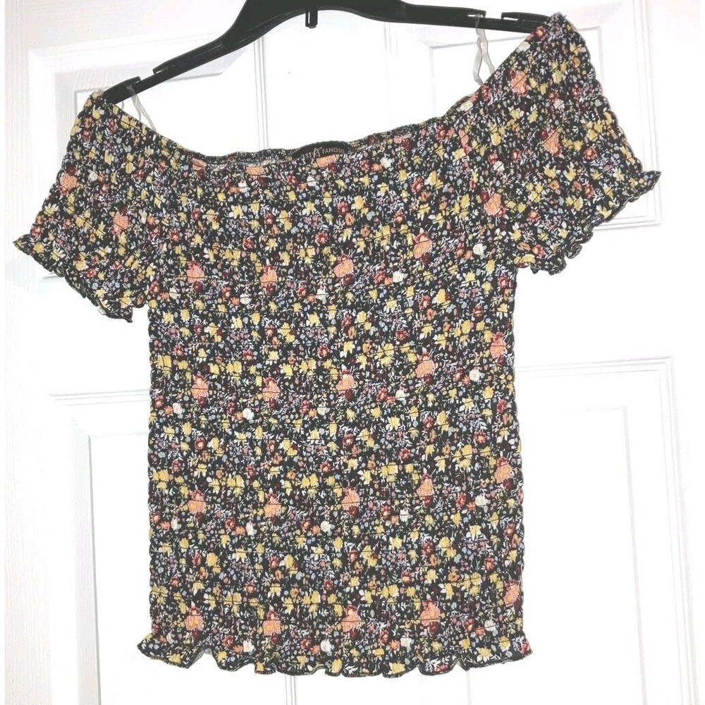 New Large SS Smocked Crop Top Floral Off The Shoulder Blouse Almost Famous Rare
